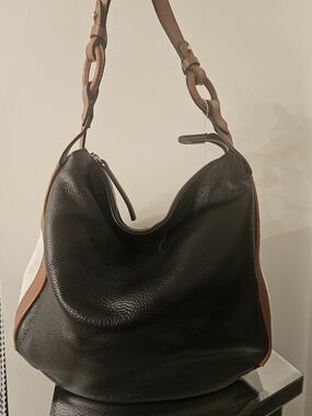 The Trend Black Pebbled Leather Hobo with Tan Trim